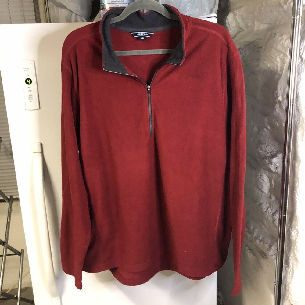 Lands End Mens Fleece Pullover XL Red Polyester Long Sleeve 1/2 Zip Collared